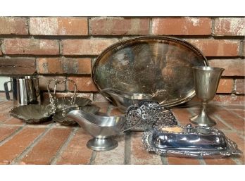 Assorted Lot Of Silver Plate Serving Pieces And Stainless Steel Creamers