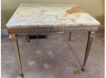 Ornate Square Brass Base End Table With Stone Top