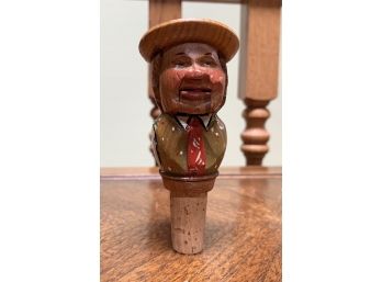 Vintage Wood Carved German Bottle Stopper With Wide Brim Hat & Red Tie