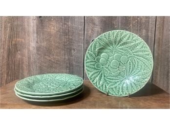 4 Small Green Plates With Fruit & Leaf Design