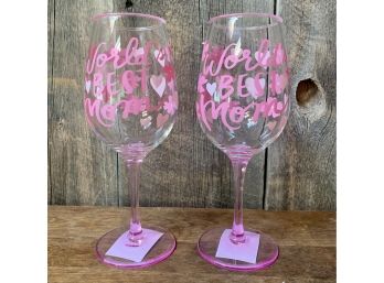 2 New Acrylic With Pink Flowers Best Mom Wine Glasses