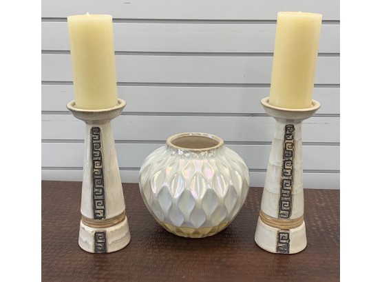 Iridescent Vase And Pair Of Candle Holders