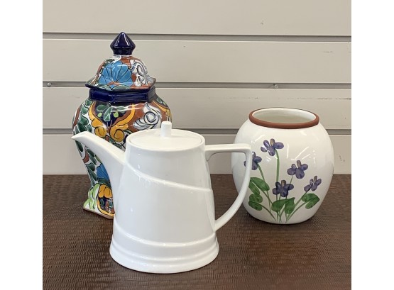 Collection Of Home Decor Including Teapot And Painted Pottery Made In Mexico
