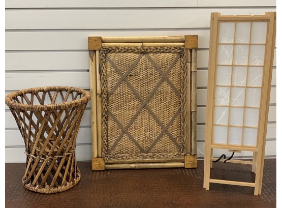 Group Of Bamboo Style Home Decor Including Plant Stand