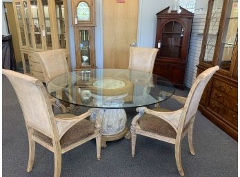 Glass Table With Ceramic Base And 4 Sculpted Lion Relief Chairs