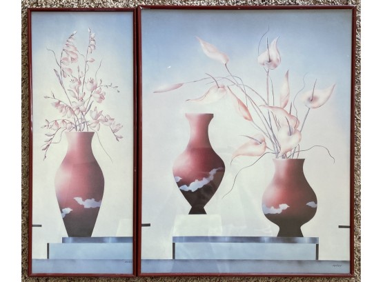 Two Prints Of Red Pottery With Flowers