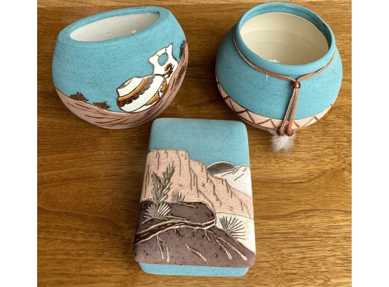 Collection Of Three Teal Pottery Pieces With Gold Colored Accents