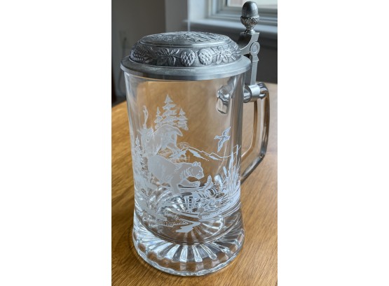 German Stein With Fine Pewter Top Depicting Forest Wildlife