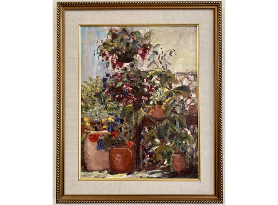 Signed Oil Painted Of Flowers Against Cobblestone Wall