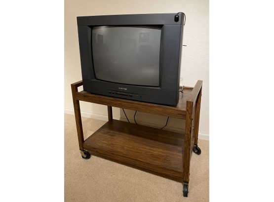 Vintage Samsung TV (works) And Cute Wobbly Cart (as Is)