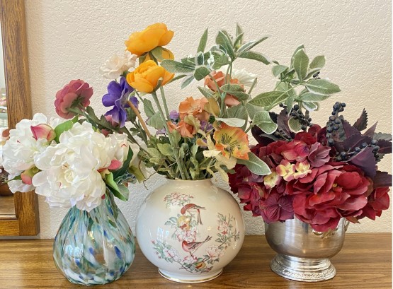 Lot Of Vases With Faux Flowers Including Lenox Serenade Round Vase