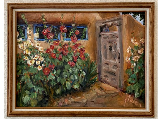 Signed Oil Painting Of Flowers Outside Door Of Clay House