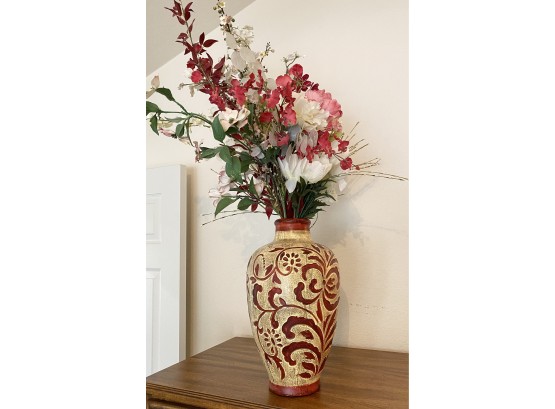 Large Red Vase With Faux Flowers