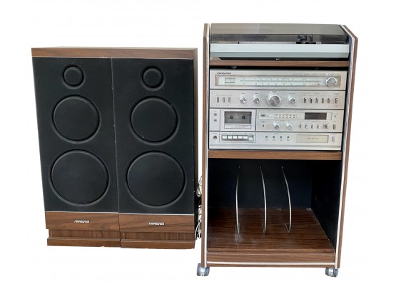 Sound Design AM-FM Stereo Receiver Cassette Recorder, 8 Track Player, Record Player, 2 Speakers, And Cabinet
