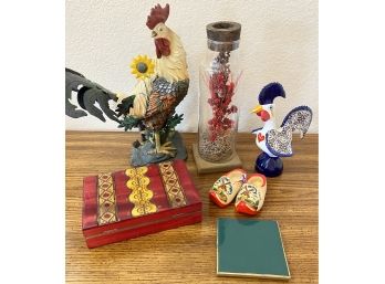 Lot Of Home Decor Incl Rooster Made In Portugal, Wooden Box From Poland, Clogs From Holland
