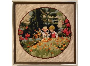 Hand Stitched Wall Art Of Boy And Girl In Mid Century Modern Frame