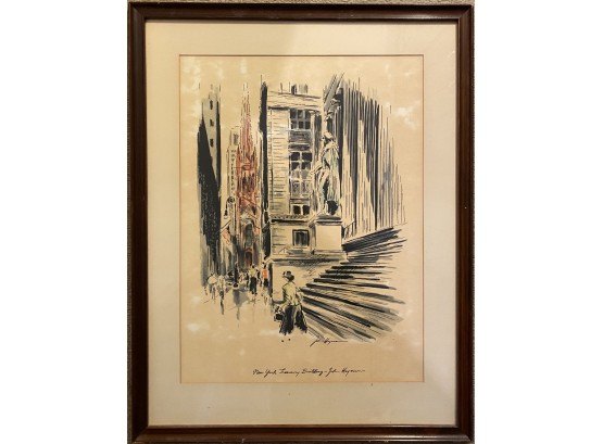 Signed Lithograph In Color By John Haymson Of New York Treasury Building In Wooden Frame