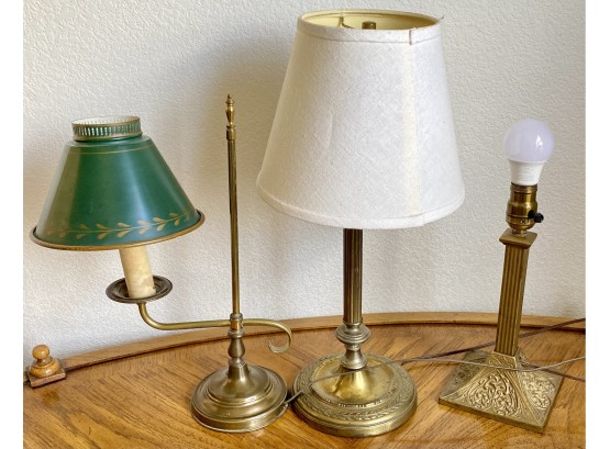 Lot Of Three Small Brass Desk Lamps