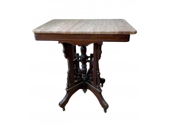 Eastlake Marble Top Rolling Parlor Table, Antique Pedestal Table With Black Marble