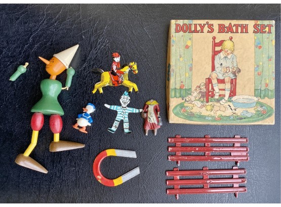 Lot Of Vintage Toys Including 'Dolly's Bath Set' In Original Box (As Is)