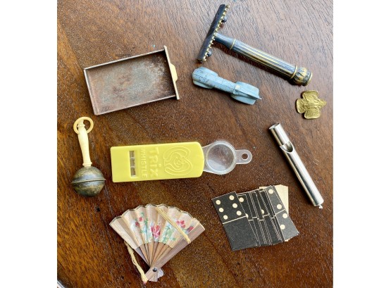 Lot Of Vintage Knick-Knacks Incl. Razor And Paper Domino Cards