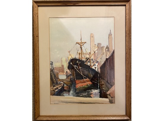 Signed Watercolor Print Of Shipping Yard