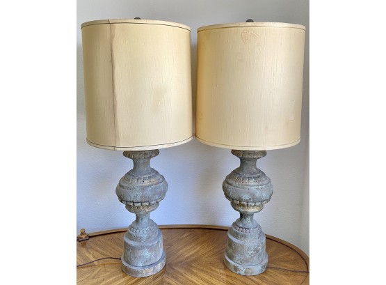 Pair Of Heavy Ceramic Blue Gray Vintage Lamps