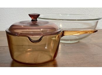 Pyrex Bowl, Vision Corning Handled Glass Pan With Purple Tinted Pyrex Lid