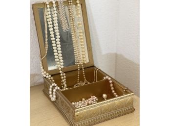 Collection Of Faux Pearls In A Mirrored Jewelry Box - Read Description