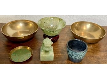 Lovely Grouping Including Small Jade Foo Dog Figurine & Quality Chinese Spinach Jade Bowl On Stand
