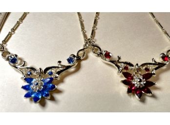Pair Of Identical Rhinestone Ladies Necklaces, Red And Blue