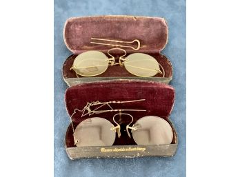 Two Pairs Of Genuine Antique 'granny' Spectacles Eyeglasses In Original Cases - Est 1898-1902