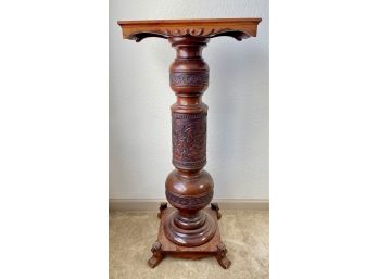 Antique Hand Carved Victorian Pedestal With Ornate Relief & Leonine Carving