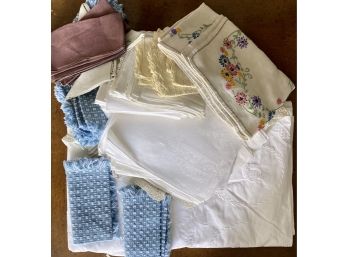 Lot Of Crocheted Place Mats, Hand Embroidered Tablecloth And More