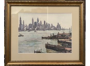 Framed Watercolor Of City Docks Signed Marc