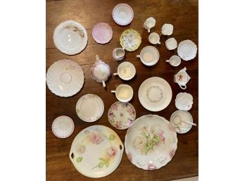 Assorted Lot China With Pink Floral Motif Including Antique Porcelain Pieces