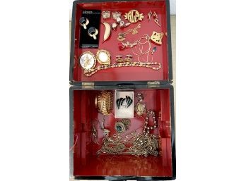 Large Collection Of Gold-toned Costume Jewelry In A Black And Red 'Bird' Jewelry Box