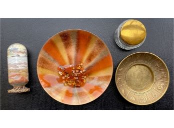 Misc. Lot Of Decor Featuring Small 4 Inch Colored Sand Pillar And Zodiac Plate Made In Korea