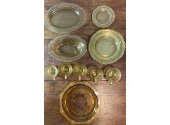 Lot Of Green Depression Glass And Orange Glass Tray
