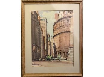 Signed Watercolor Print Of Cityscape In Frame