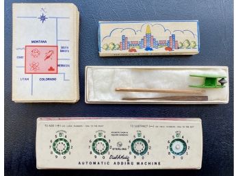 Vintage Toy Lot : 'build A Skyscraper', Auto. Adding Machine, Tiny Wheelbarrow, And State Trivia Cards