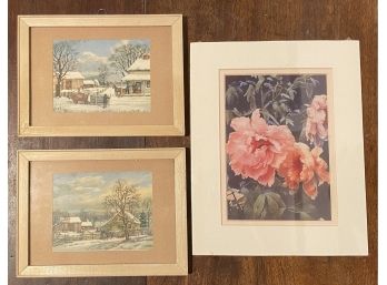 Set Of Two Small Winter Farmhouse Prints In Simple Wooden Frame And Floral Print