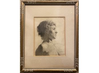 Original Pencil On Paper Signed E. Harring In Gold Colored Painted Frame