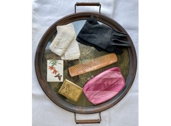 Vintage Wooden And Glass Vanity Tray With Vintage Accessories