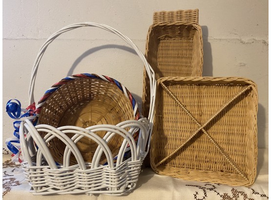 Grouping Of Four Wicker Baskets Perfect For Bread Baskets Or Crafts!