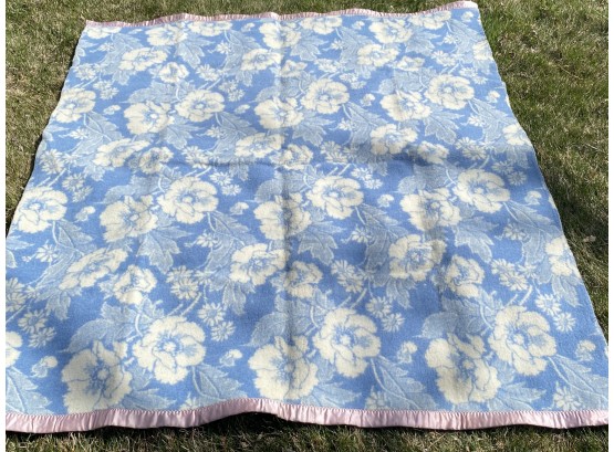 Vintage Blue And White Floral Wool Blanket With Pink Satin Edges