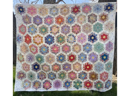 Mid Century Hand Tied Honeycomb Quilt With Feed Sack Era Cotton