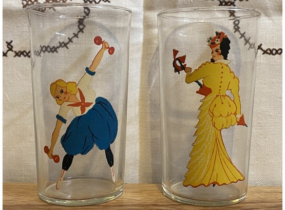 Two Vintage Novelty Glasses Featuring Southern Belle And Vintage Woman Exercising