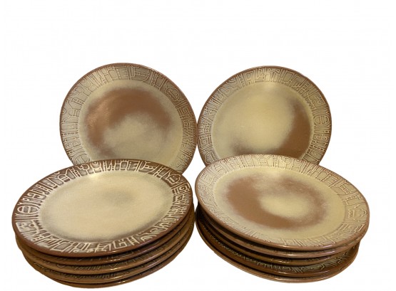 12 Large Frankoma Dinner Plates In Mayan Aztec Pattern Desert Gold Color