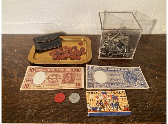 Box Of Vintage Keys,  OPA Red Point Rations, And Foreign Currency